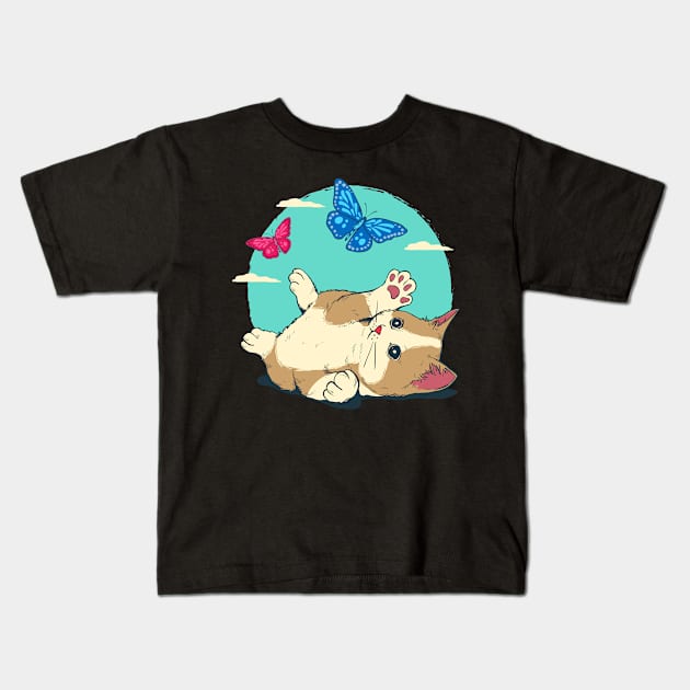 Cute Cat Playing With Butterfly Blue Sky Kids T-Shirt by anubis1986